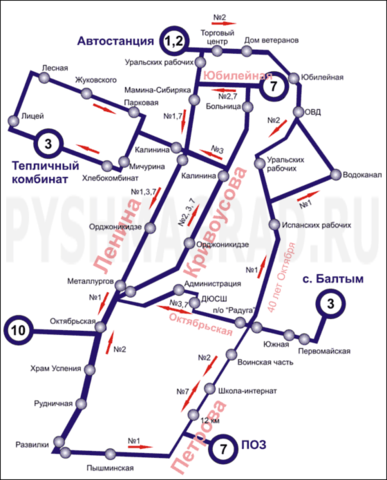 Схема автобусных маршрутов. Верхняя Пышма